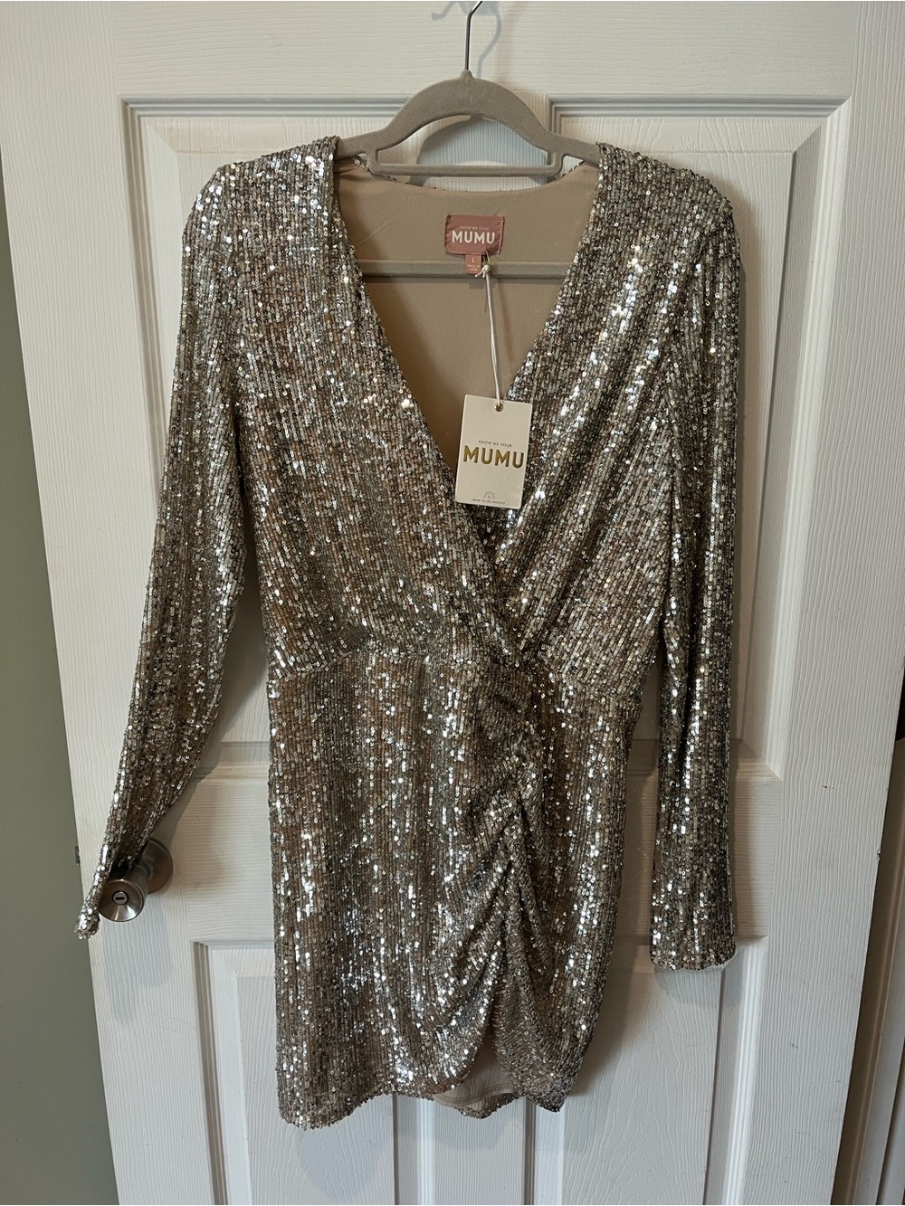 Show Me Your MuMu Silver Sequin Wrap Mini Dress
